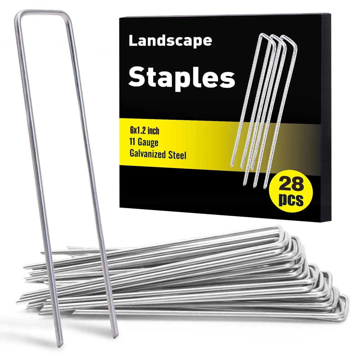 28 Pack 6 Inch Heavy Duty U-Shaped Landscape Staples - Durable Galvanized Steel