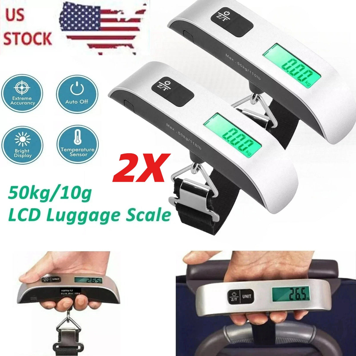 2-Pack Luggage Scale 110lb 50kg Portable Travel LCD Digital Hanging Weight