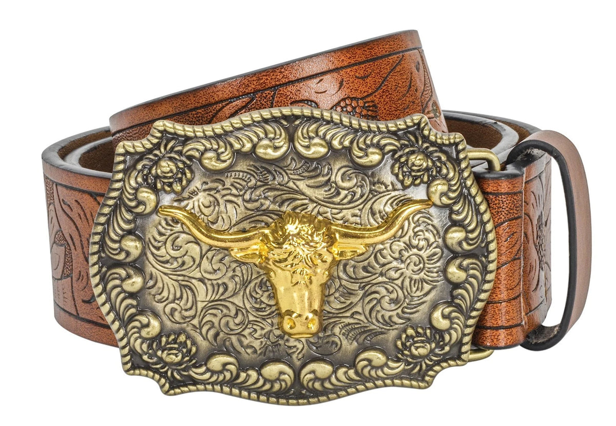 Men's-Western-Leather-Belts Cowboy-Longhorn-Bull-Head-Buckle-Belt Floral-Engrave