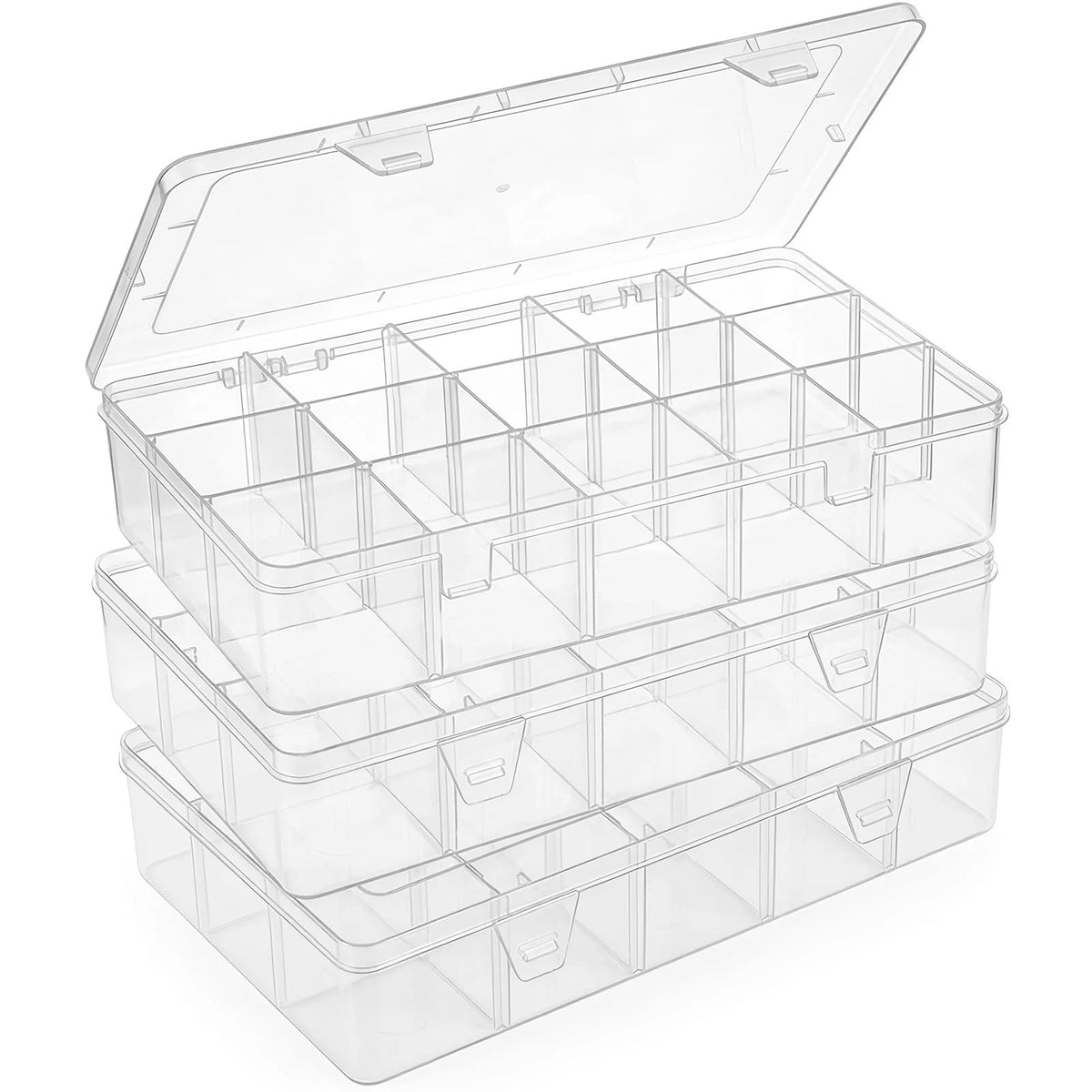 3 Pack 15 Grids Large Plastic Storage Organizer Box,15 Compartments with Divider