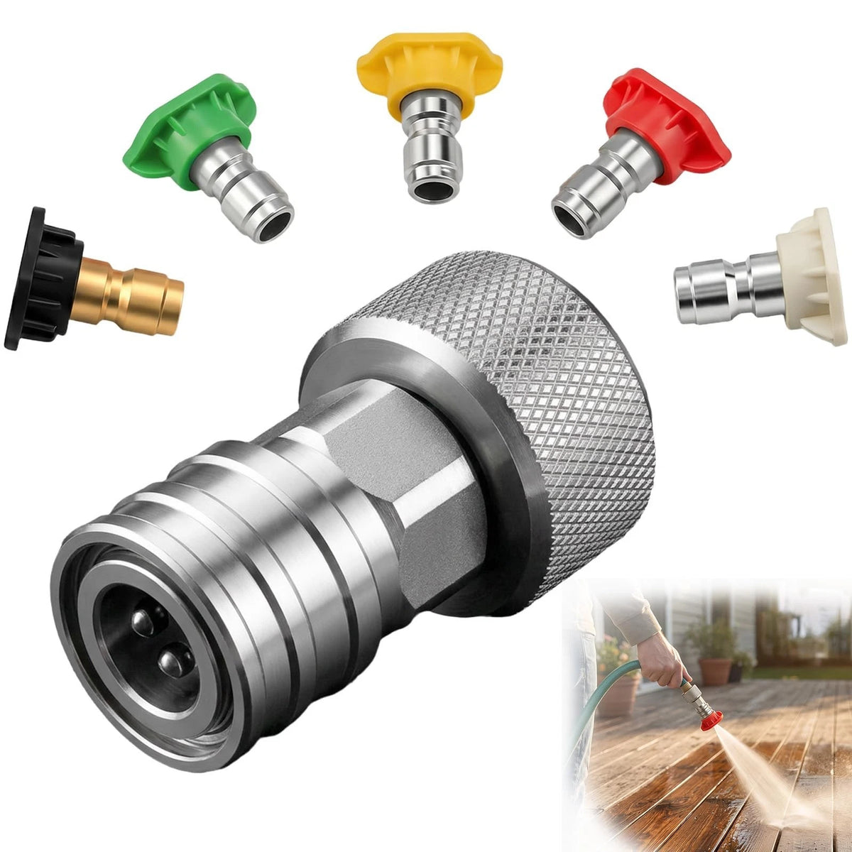 Garden Hose to Pressure Washer Adapter 3/4 GHT to 1/4 with 5 Nozzles
