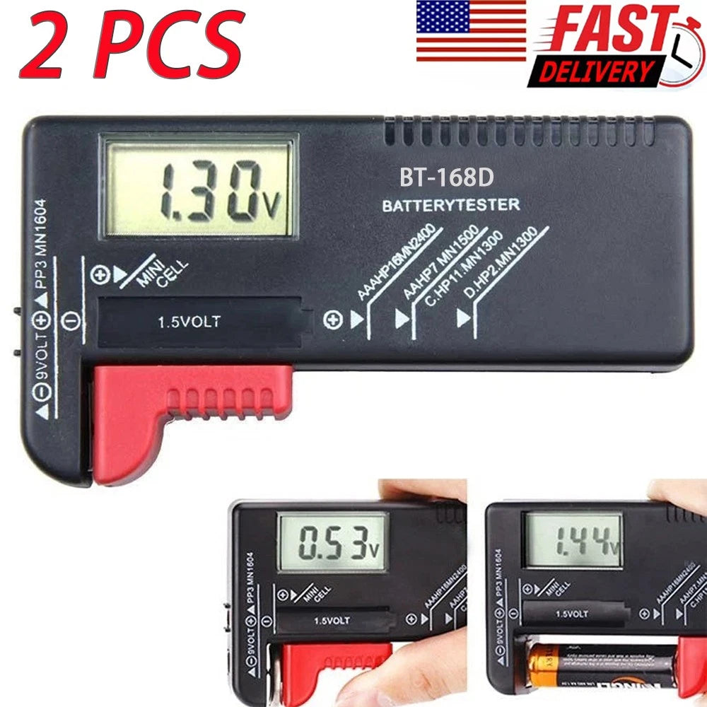 2Pc Battery Tester Digital Voltage Checker for AAA/AA/C/D/9V Batteries Universal