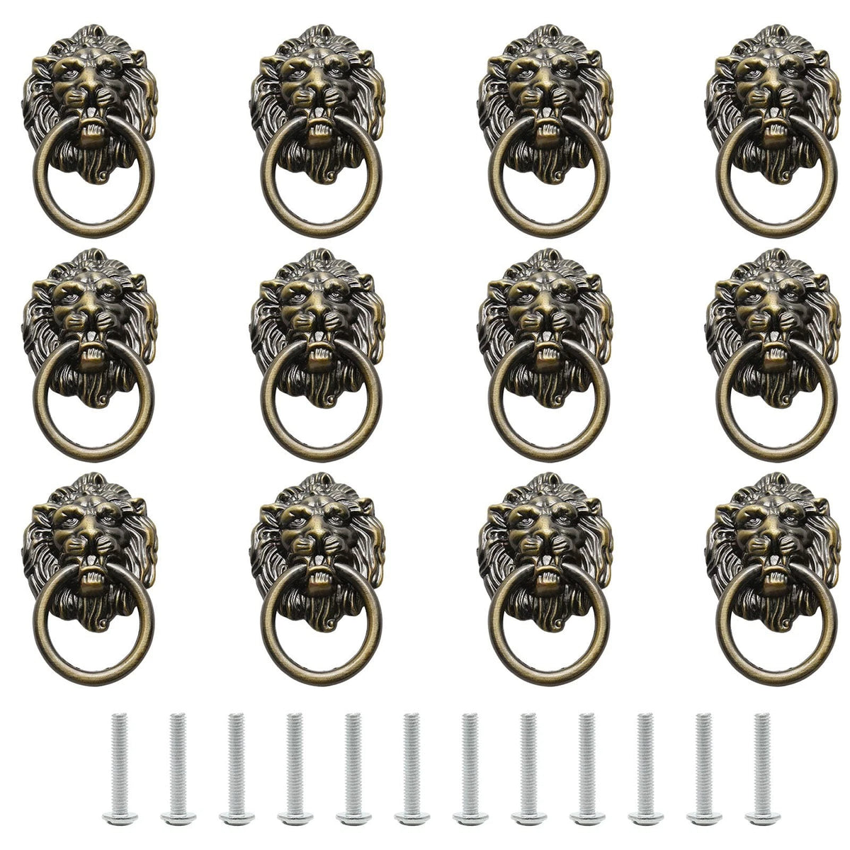 12 Pieces Antique Lion Head Cabinet Knobs, Ring Pulls Handle for Drawer Dresser
