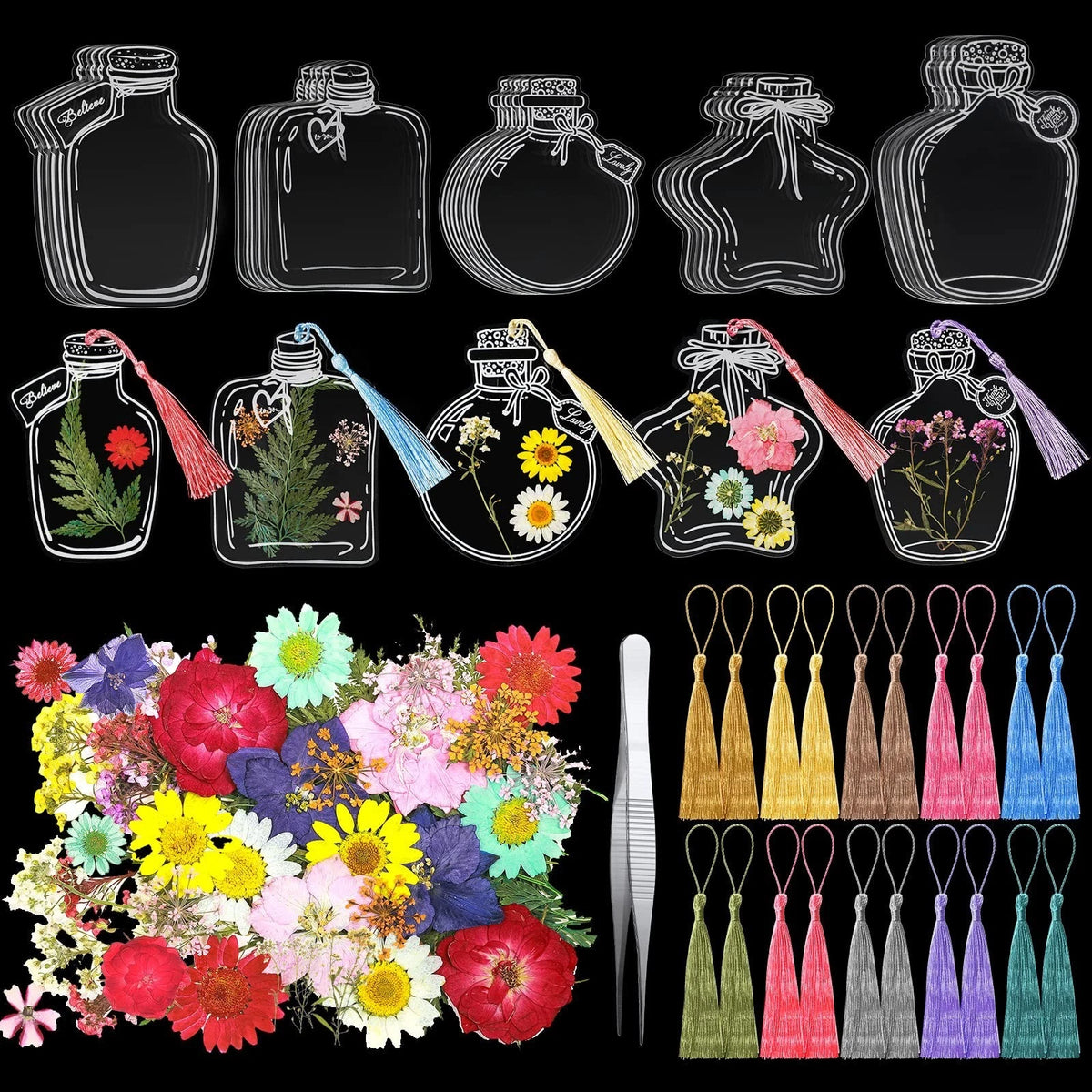 91 Pcs DIY Handmade Transparent Dried Flower Bookmark Set Include Butterflies...