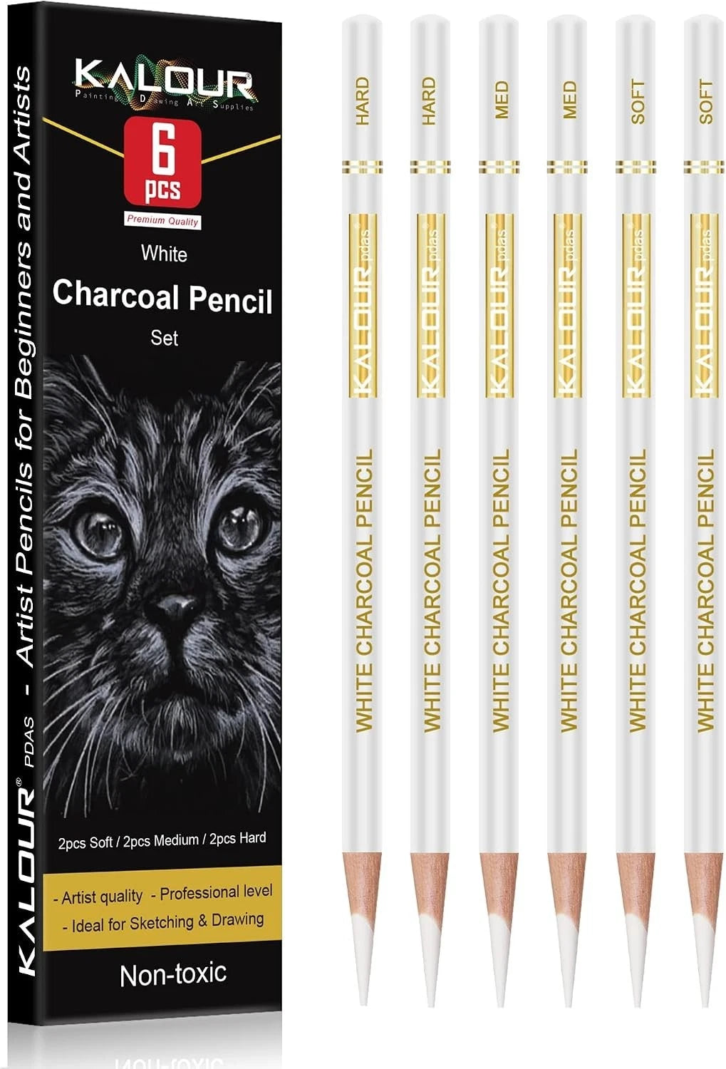 White Charcoal Pencils Drawing Set, Professional 6 Pieces White Sketch Pencil...