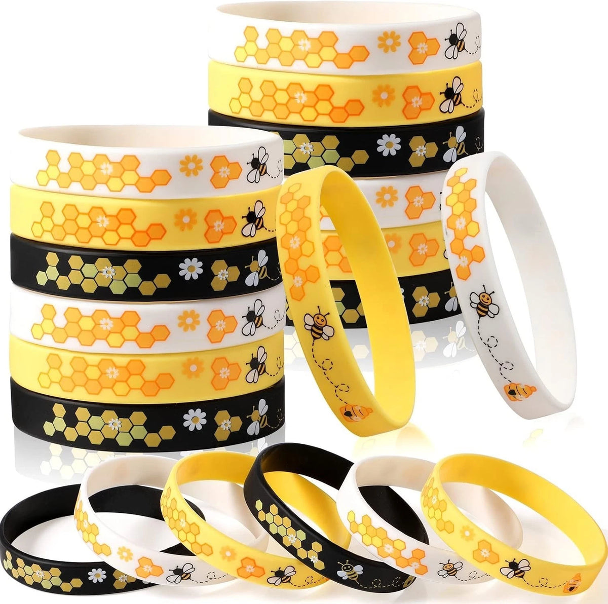 24 Pieces Bee Silicone Bracelets Bulk Honeybee Rubber Wristbands Pack for Wor...