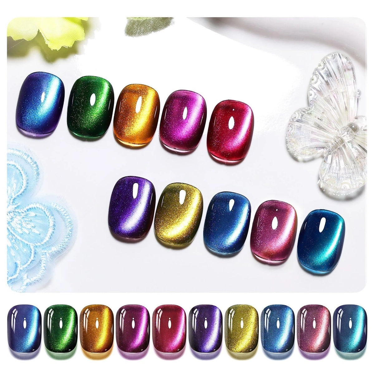JODSONE Cat Eye Gel Nail Polish 10 Colors Blue Green Red with Base Coat Top Coat