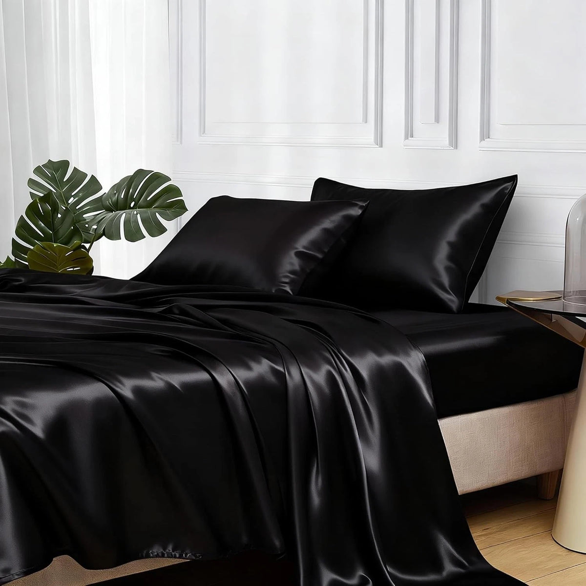 MR&HM Satin Bed Sheets, Queen Size Sheets Set, 4 Pcs Silky Bedding Set with Elas