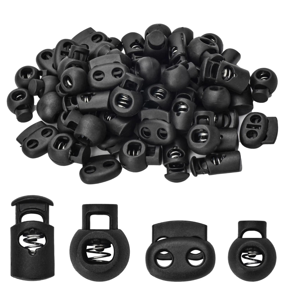 60 Pcs Plastic Cord Locks 4 Styles Spring Toggle Stopper Single Double Hole Stri