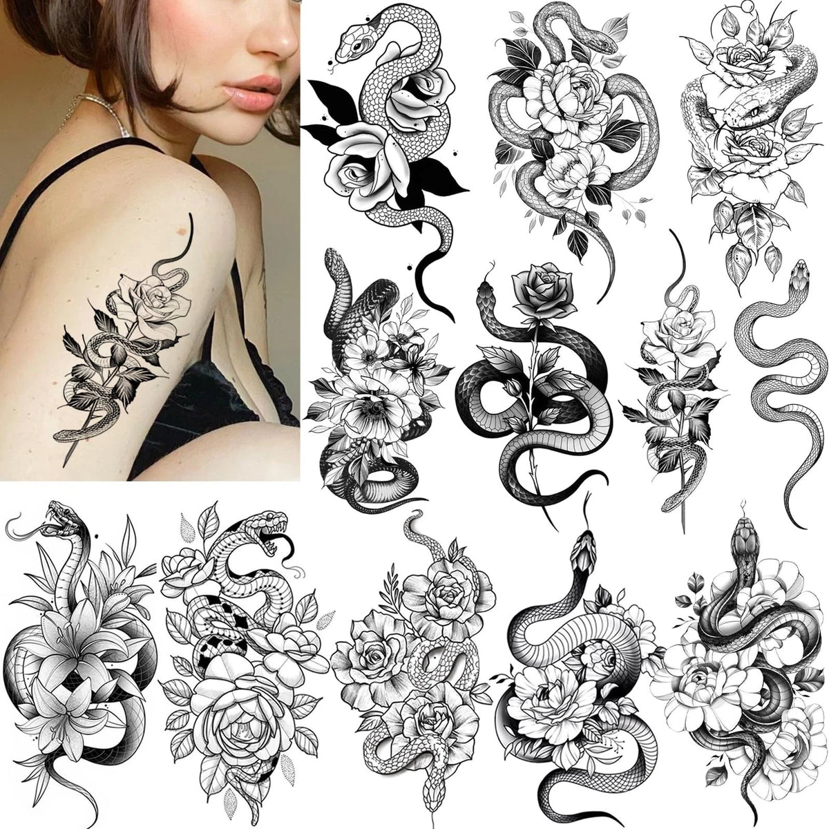 Snake Temporary Tattoos 12 Sheets 3D Black Realistic Snake Rose Floral Tattoos S