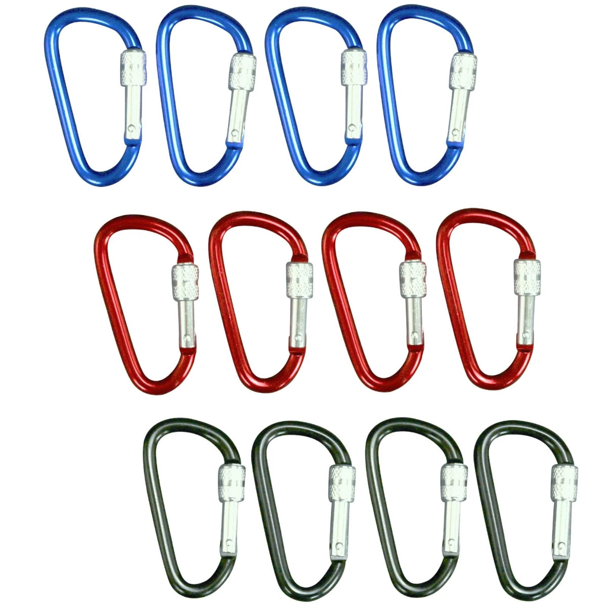 12-Pack Locking Carabiner Keychain, 2.6-Inch, Aluminum, Black Red Blue