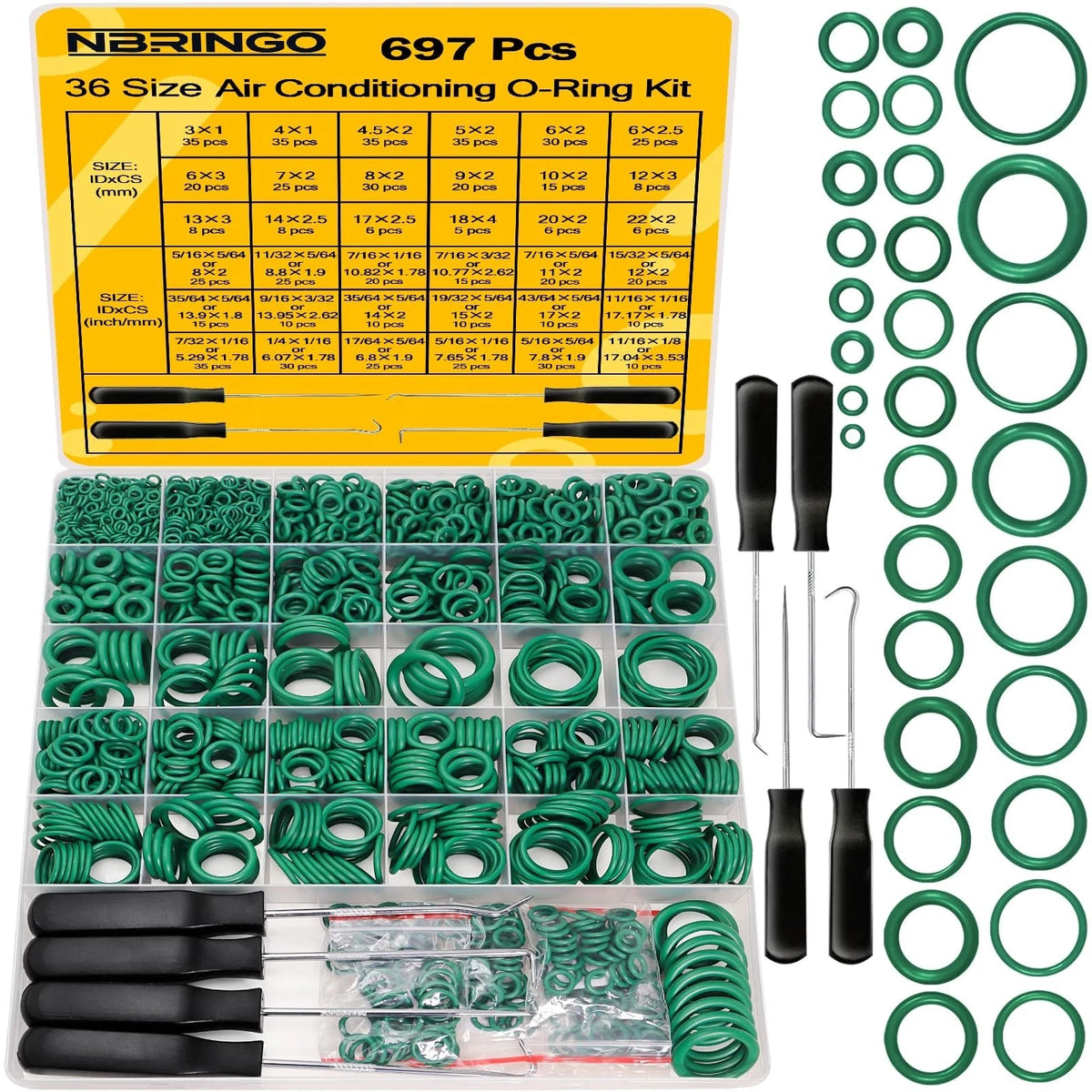 697 PCS AC O Ring Kit - Metric & SAE Green O-Rings for R12/R134a, with 4 Pick &