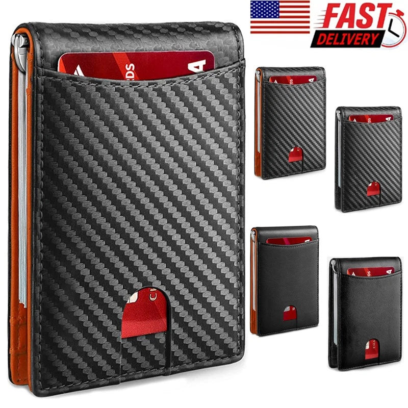 Men's Slim Carbon Fiber Wallet RFID Blocking Thin Bifold Card Holder 10+ Cards