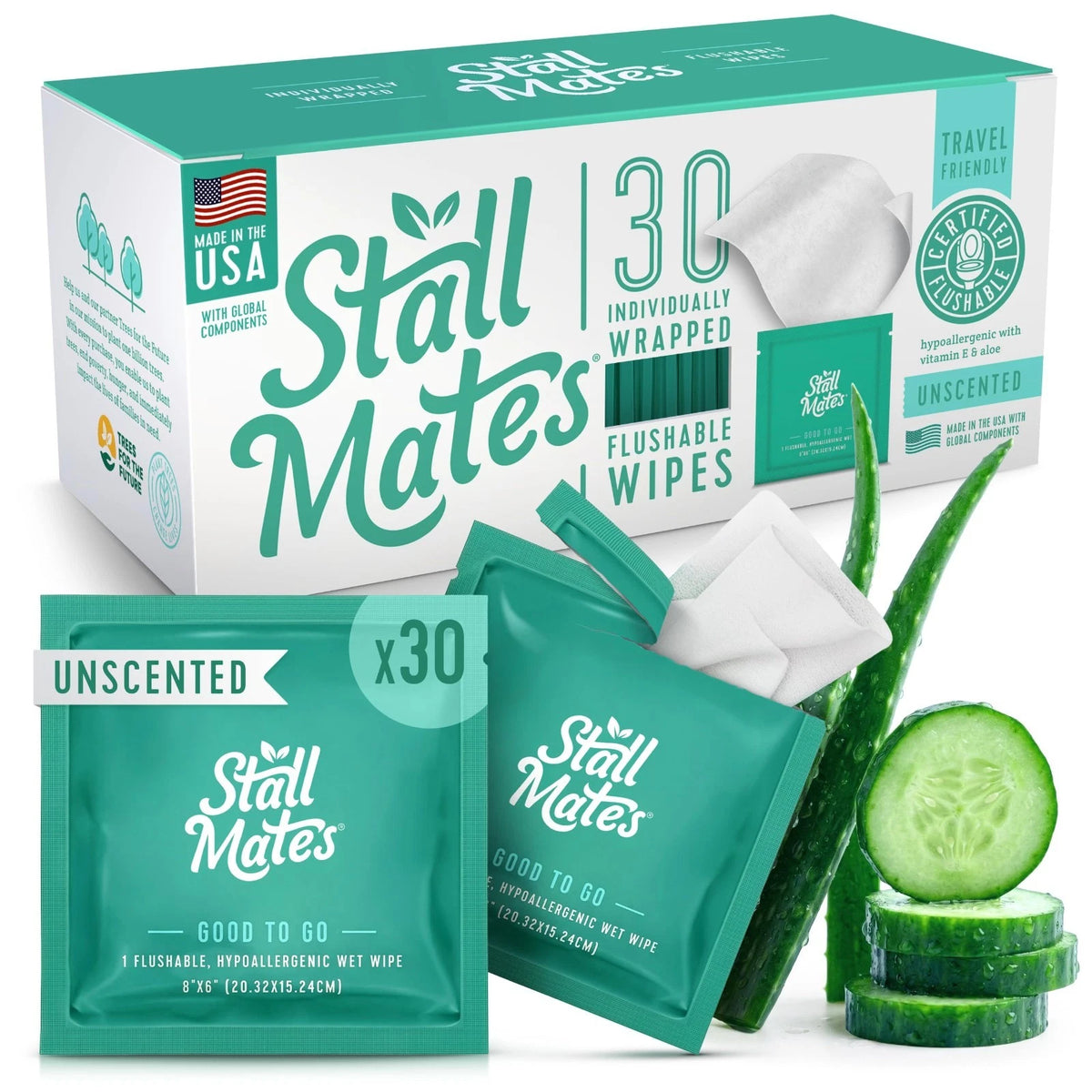 Flushable Travel Wipes | Unscented Aloe & Vitamin E | 30 Individually Wrapped