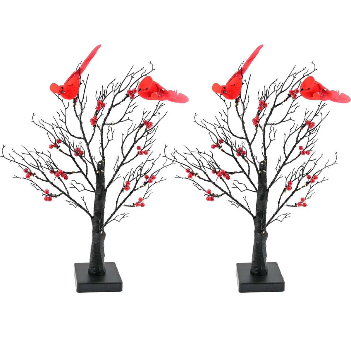 Set of 2 Vintage Glowing Trees with Cardinals, Dual Power USB/Battery Operate...