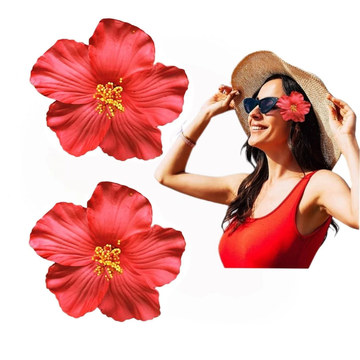 2 Pcs Red Hawaiian Flower Hair Clip for Women Girls Fashion Bohemian Flowers Hai