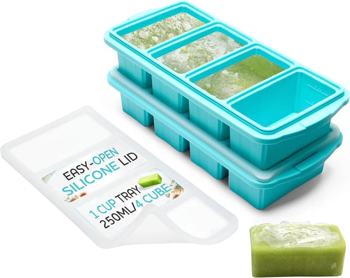 2Pack Silicone Freezer Tray w/Lid Soup Food Storage 1 Cup Cube Meal Prep Safe