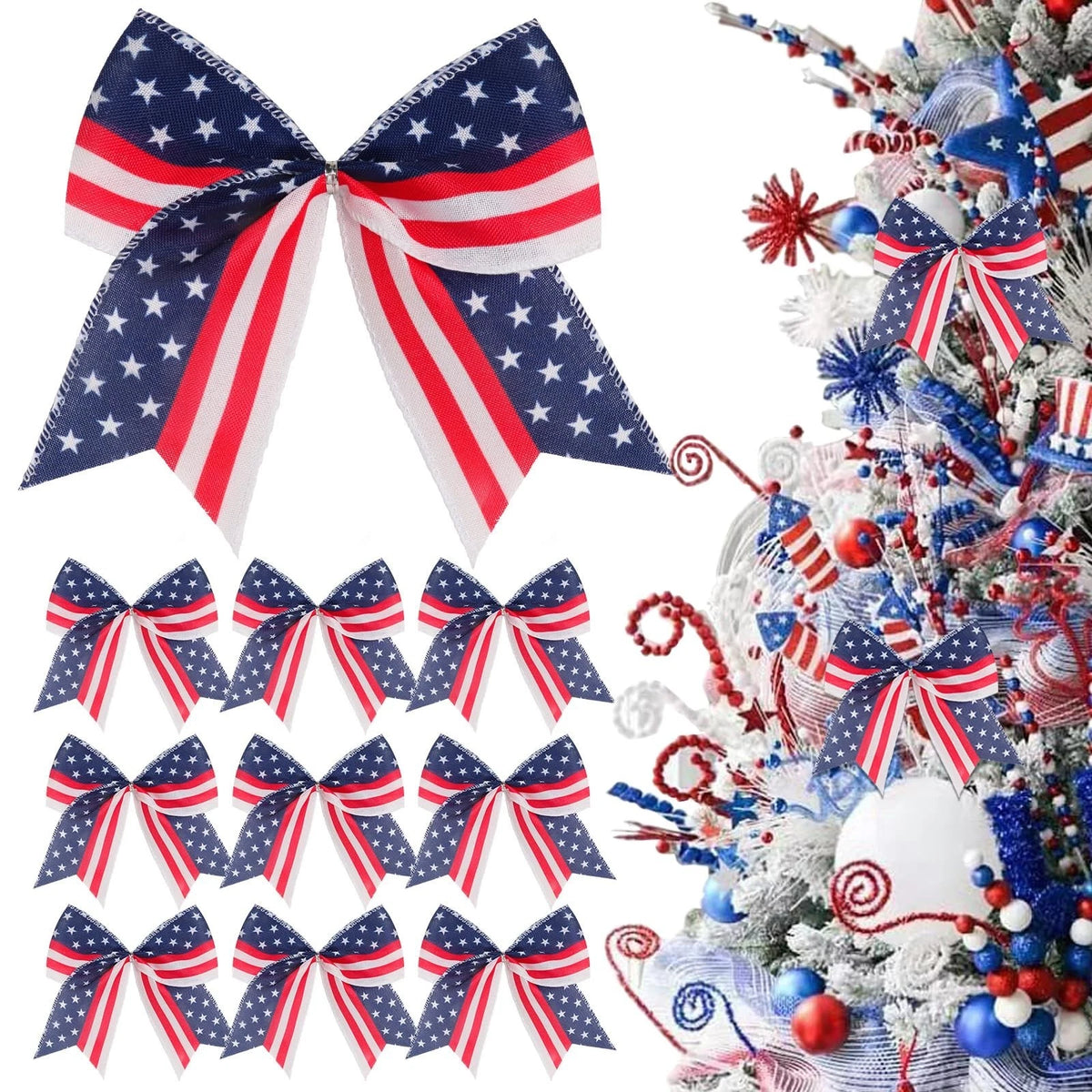 12 Pcs Patriotic Tree Bows Decorations,6 Inch 4th of July Ornaments for Tree Fro