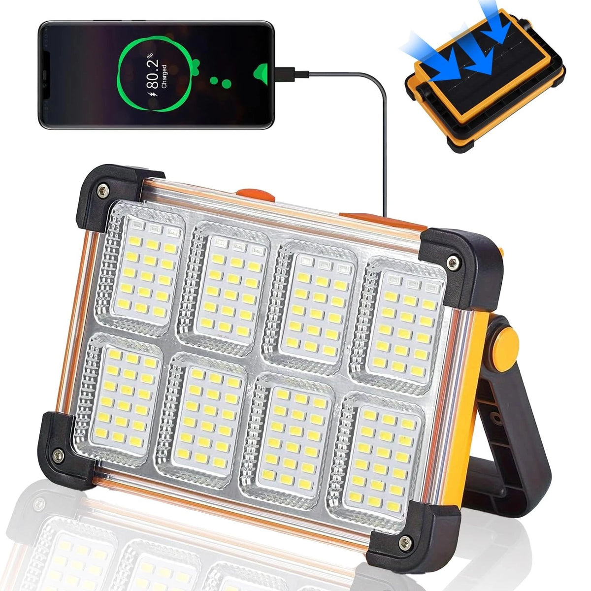 120W Solar Rechargeable Work Light, 144 LED 10000LM Portable Flood Light with St