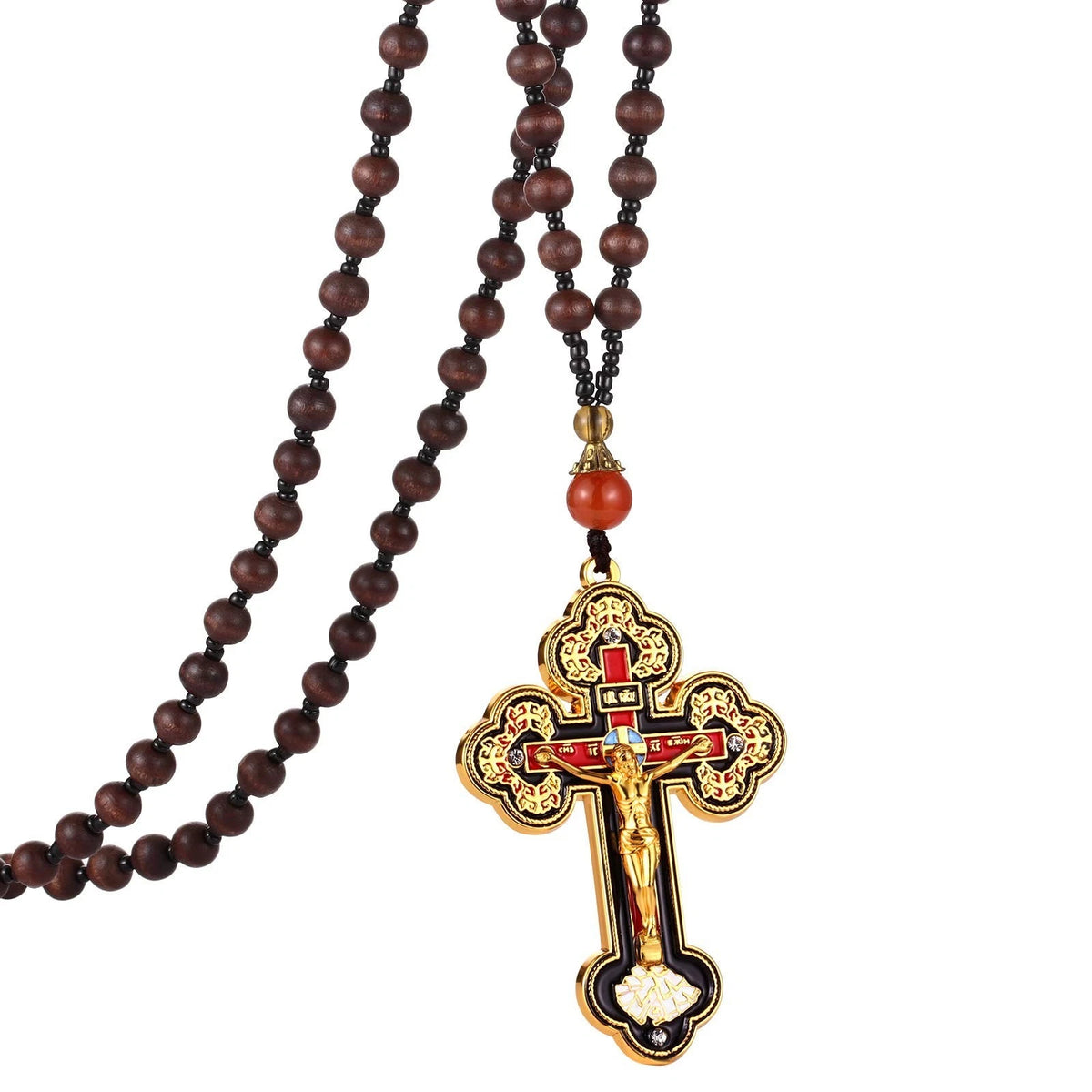 Wood Rosary Beads Cross Necklace Men Prayer Orthodox Crucifix Jesus Pendant