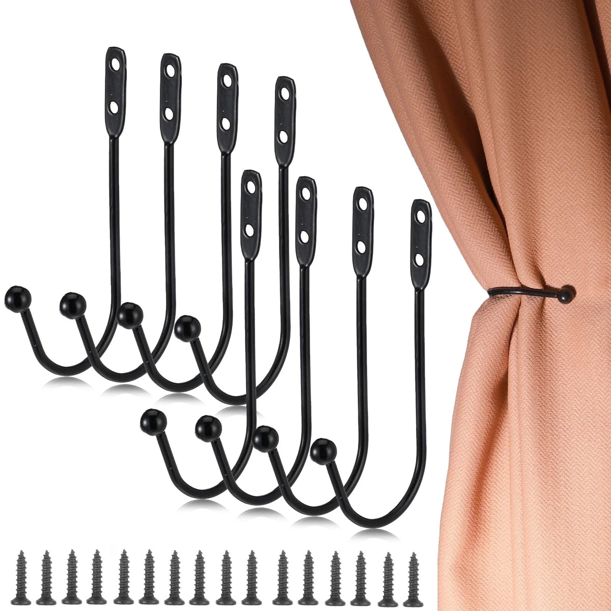 8 Pcs Metal Curtain Holdbacks, Black Curtain Tie Backs Wall Mounted Drapery Tieb