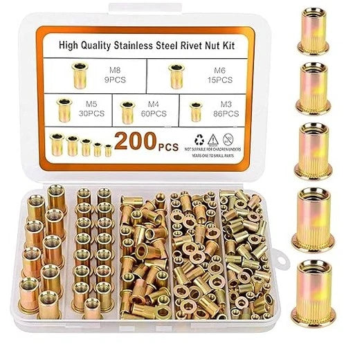 200PCS Metric Rivet Nut Kit M3 M4 M5 M6 M8 Rivnut Threaded Insert Assortment
