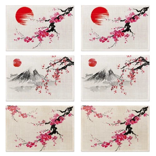 Japanese Cherry Blossom Placemats Set of 6, Linen Table Mats, Woven Table Mats f