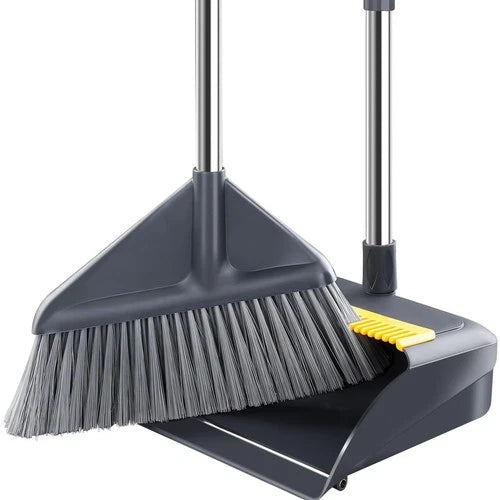 Broom and Dustpan Set for Home with 52 Inch Long Angled Handle - Stand White