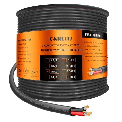 16 Gauge 3 Conductor Electrical Wire, 50FT 16 AWG Stranded Low Voltage 16/3 Cabl