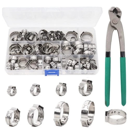 92PCS Single Ear Oetiker Hose Clamps 6-22.6mm w Plier Gloves Stainless Steel Kit