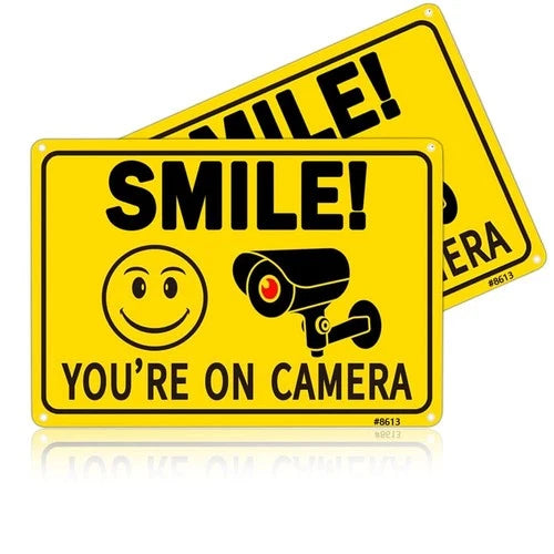 2-Pack Smile! You’Re on Camera Signs, 10X7 Inch Funny Security Signs with Smile