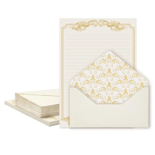 90-Piece Stationery Set: 60 Vintage Paper Sheets + 30 Envelopes, Gold Border