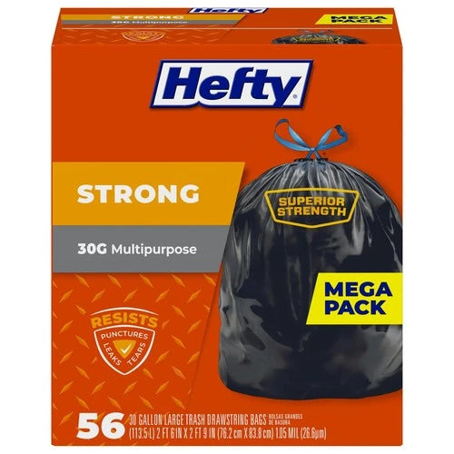 Strong Large Trash Bags, Durable Drawstring Enclosure 30 Gallon, 56 Count