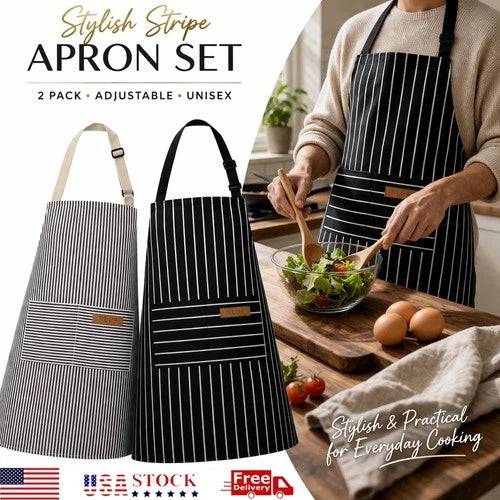2 Pcs Adjustable Bib Aprons w/ 2 Pockets Cotton Cooking Apron for Women & Men