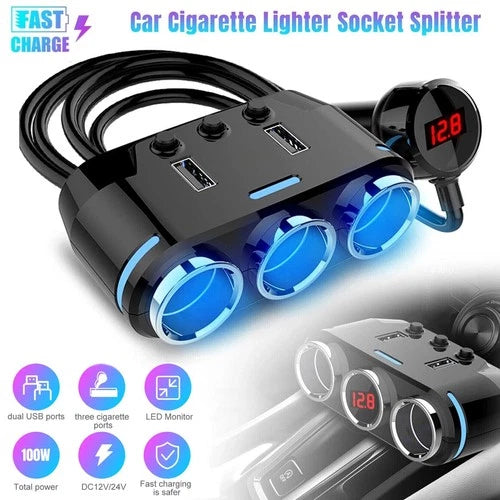 3 Way Multi Car Cigarette Lighter Socket Extension Splitter USB Charger DC 12V