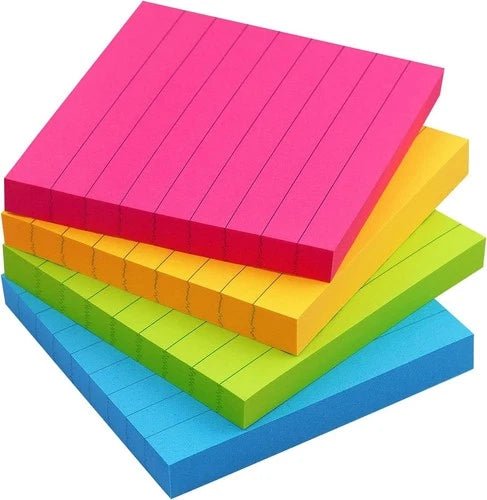 4 Pack Lined Sticky Notes 3x3 in Bright Colors Self-Stick Note Pads with Lines.