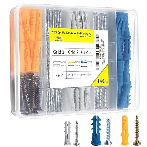 140Pcs Drywall Anchors and Screws Kit (3 Sizes) - Plastic Screw Anchors for Dryw