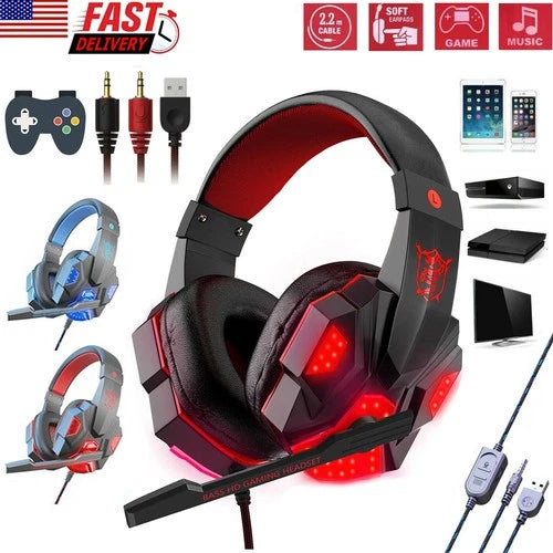 3.5mm Gaming Headset Mic LED Headphones Stereo Bass Surround For PC PS4 Xbox One
