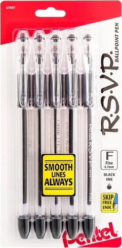 ® R.S.V.P.® Ballpoint Pens Fine Point 0.7 mm Clear Barrel Black Ink Pack Of 5