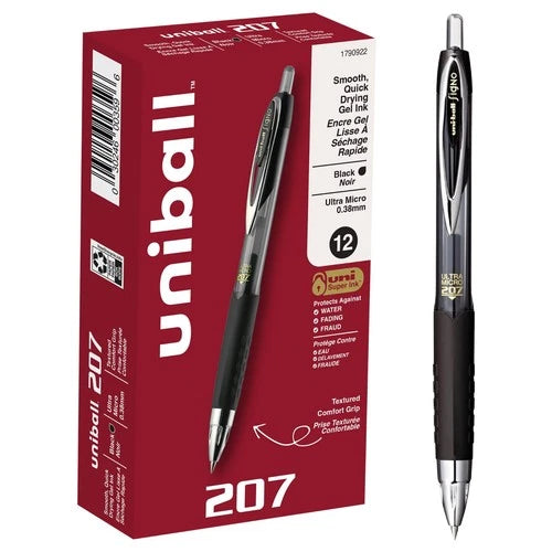 Uniball Signo 207 Gel Pen 12 Pack, 0.38Mm Ultra Micro Black Pens, Gel Ink Pens |