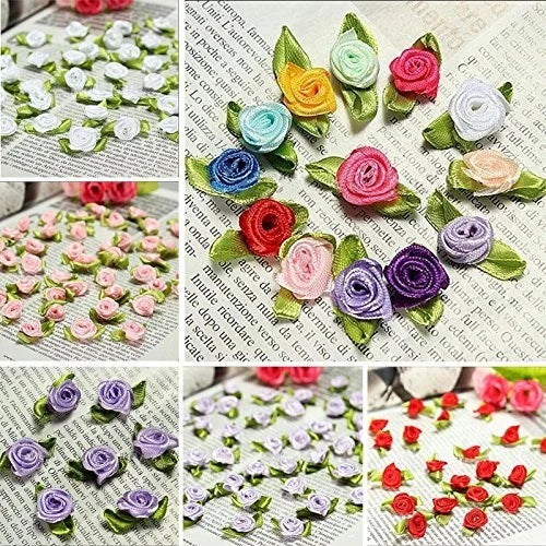 100 PCS Mini Ribbon Bows Roses Flowers Craft Artificial Ornament Applique Sewing
